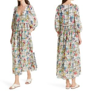 DYVNA Floral Windowpane Balloon Sleeve Silk Dress